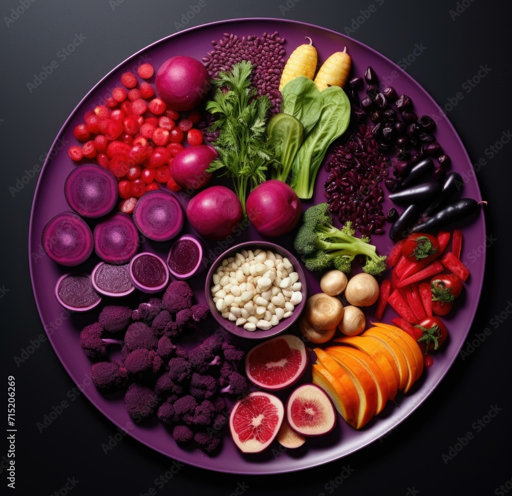 A purple plate with various vegetables and fruits. Generative AI.