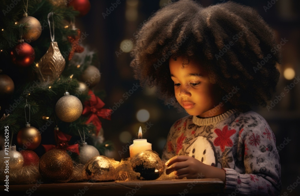 A little girl with afro hair lighting a candle. Generative AI.