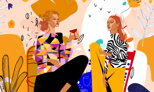 Girl sitting with a glass, cup on abstract geometric background hand drawn vector illustration art print.