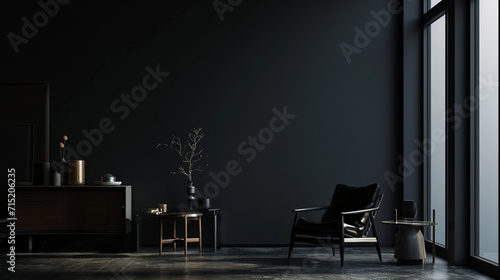 Modern, black minimalist interior with sofa, wood floor. Ai Generative