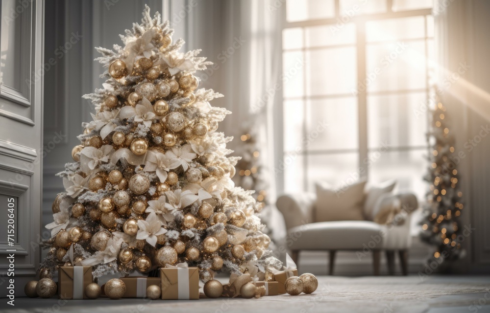 A christmas tree in a room with gold decorations. Generative AI. A christmas tree in a room with gold decorations. Generative AI.
