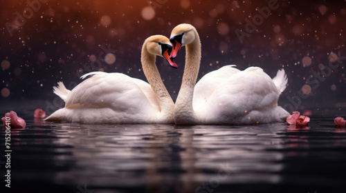 Two elegant swans face each other on tranquil water, creating a heart shape with their necks, amidst a romantic setting.