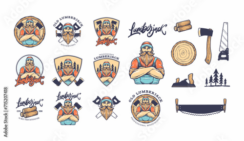 Old retro vintage lumberjack and woodworks vector set illustration. Carpentry craftsman or carpenter tools emblem.