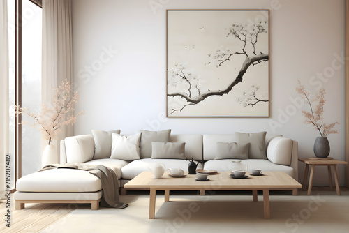 Fototapeta Naklejka Na Ścianę i Meble -  modern living room art, white Fabric sofas, and pillows against wall with poster frame. soft and dreamy atmosphere