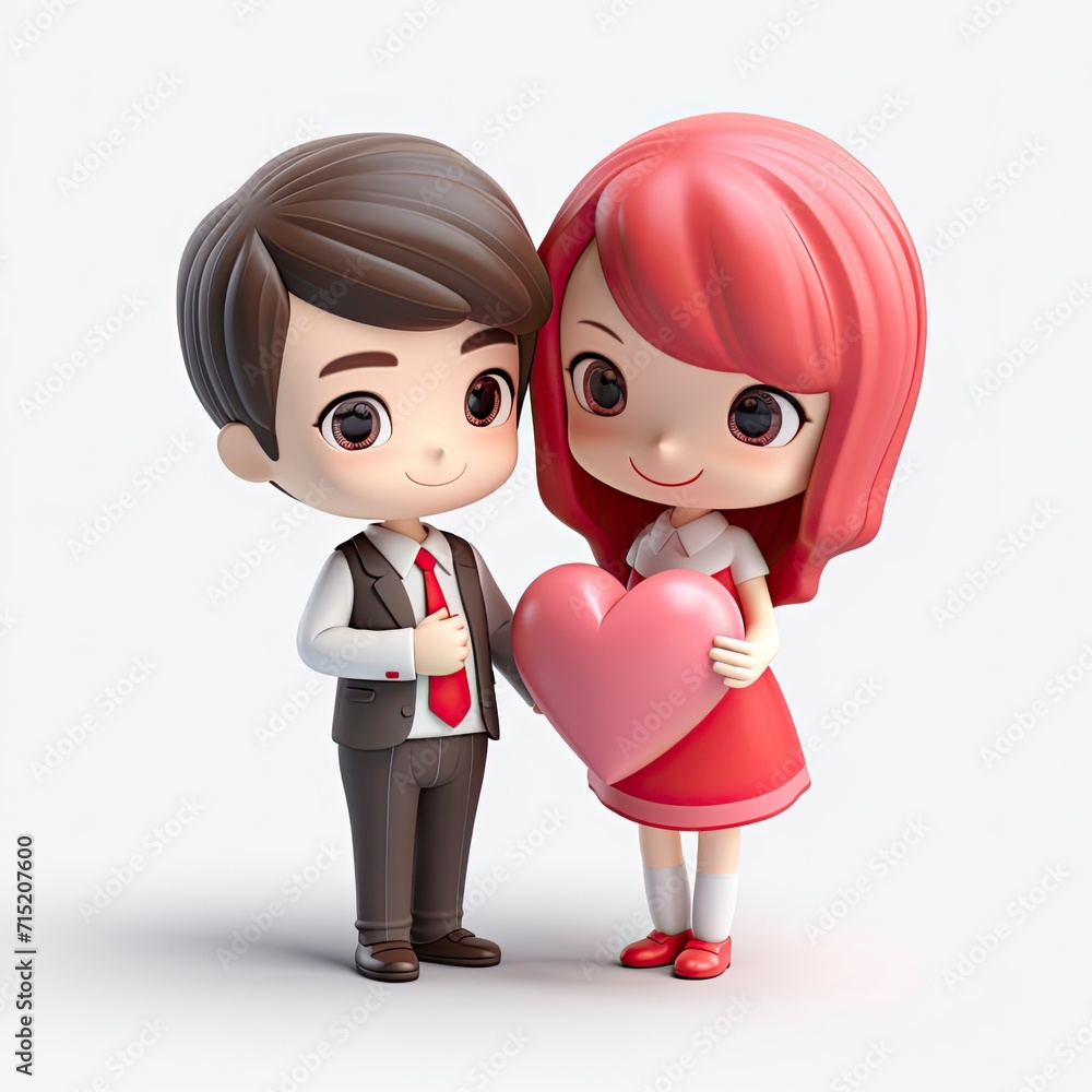 Cute couple holding red heart love 3d cartoon, lover, 3D icon, kawaii, minimalism, character design, 3D iconic, 3D illustration, white background with generative ai Cute couple holding red heart love 3d cartoon, lover, 3D icon, kawaii, minimalism, character design, 3D iconic, 3D illustration, white background with generative ai