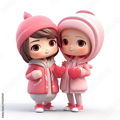 Cute couple holding red heart love 3d cartoon  lover  3D icon  kawaii  minimalism  character design  3D iconic  3D illustration  white background with generative ai