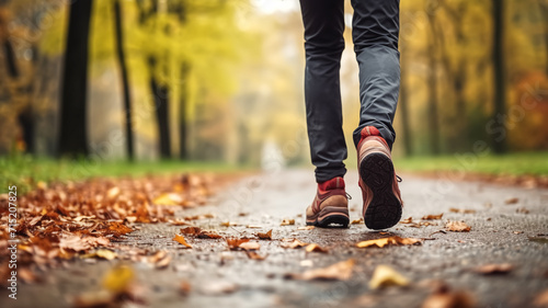 Close up of woman legs walking in autumn park. Sport, fitness and healthy lifestyle concept
