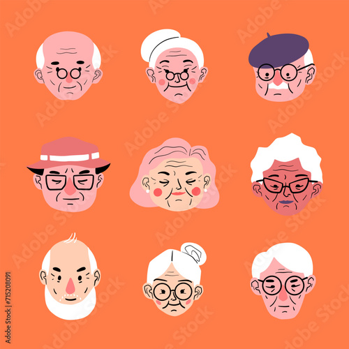 Faces of old men and women over 70 years old. Old people cartoon avatars set. Isolated vector illustration of diverse senior characters.
