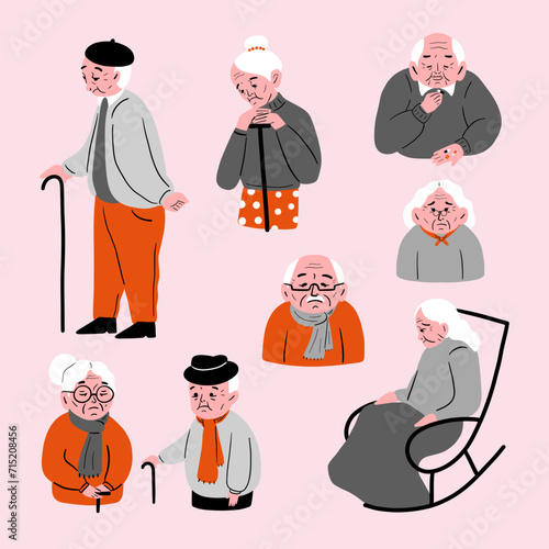 An old person who feels lonely. Elderly Health Problems, Loneliness, Senility, Fatigue, Tiredness. Cartoon People Vector Illustration