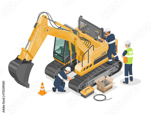 excavator backhole repair isometric Construction machine engineer maintenance team work service training concept vector