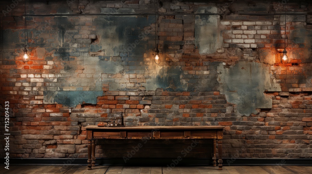 Industrial backdrop. Empty room with wooden table and brick wall behind it. Industrial backdrop. Empty room with wooden table and brick wall behind it.
