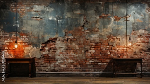 Industrial backdrop. Empty room with wooden table and brick wall behind it.