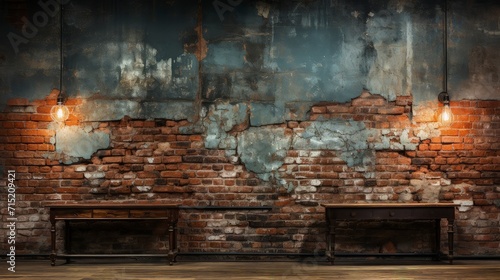 Industrial backdrop. Empty room with wooden table and brick wall behind it.