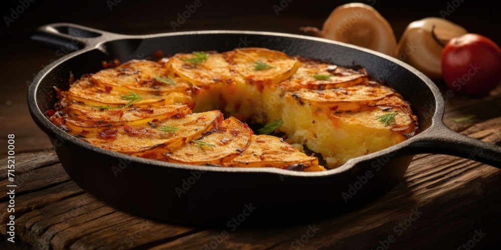 A rustic shot of a cast iron skillet holding a generously portioned potato kugel, baked to perfection and lightly dusted with a touch of paprika for added color.
