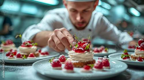 A chef preparing mini cheesecakes with red berries to be served in a restaurant