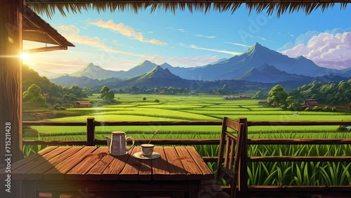 Animated illustration of a cup of drink with a view of rice fields in the morning. Illustration of a view of rice fields with a mountain background. Background animation. photo