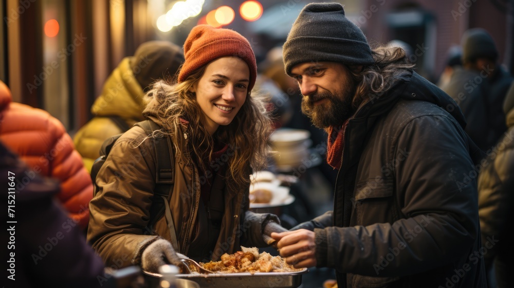 Volunteers giving food to homeless people outdoor.