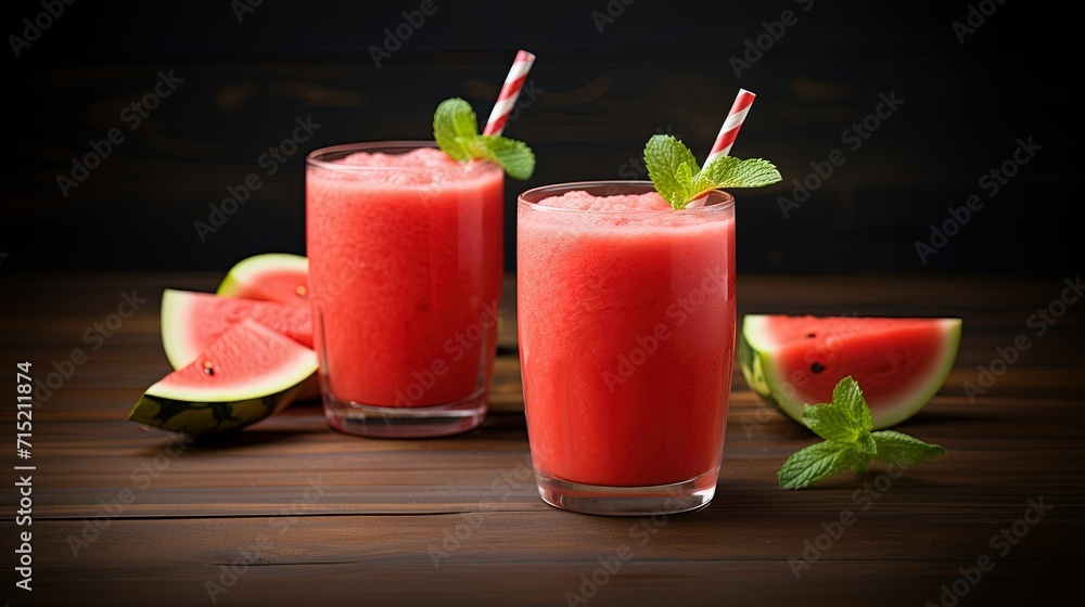 Two inviting glasses of watermelon smoothie, each with a striped straw and a mint garnish, presented amidst slices of fresh watermelon on a wooden table. Two inviting glasses of watermelon smoothie, each with a striped straw and a mint garnish, presented amidst slices of fresh watermelon on a wooden table.