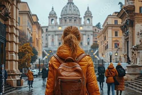 Traveler woman exploring city young vacationer embracing person journey female lifestyle in summer architecture and town backpack and hat for street adventures beautiful landmarks in old building