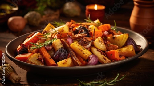 A symphony of autumnal flavors awaits as roasted root vegetables take center stage. Enchanting with their deep caramel hues, forktender carrots, earthy tur, and rustic orange acorn squash photo
