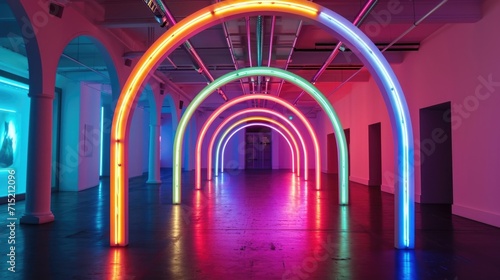 A neon rainbow arching across the ceiling serves as the backdrop for a series of neon light paintings