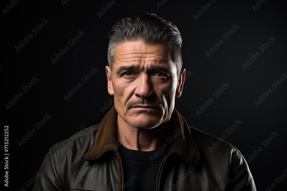 Portrait of a mature man in a leather jacket on a dark background.