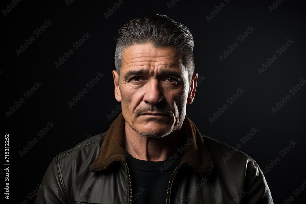 Portrait of a mature man in a leather jacket on a dark background. Portrait of a mature man in a leather jacket on a dark background.