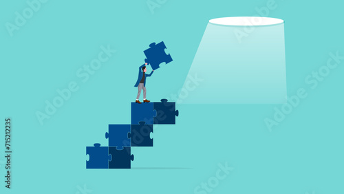 success step to achieve financial freedom or business goal, Business goals as profit target achievement process, the way to achieve goal, businessman making ladder from puzzle to the space of freedom