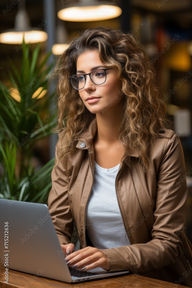 Female marketing expert with a contemplative expression while using her laptop to develop a comprehensive business strategy, Generative AI Female marketing expert with a contemplative expression while using her laptop to develop a comprehensive business strategy, Generative AI