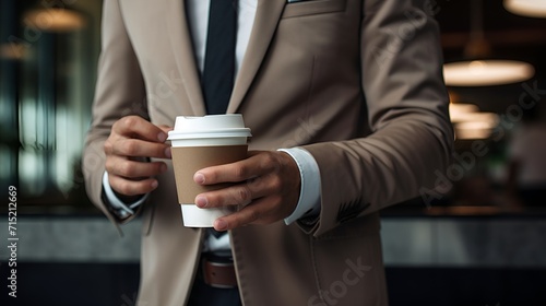 Enjoying a Morning Boost: Businessman in Suit with Coffee Cup