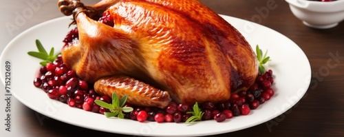 Delicate cranberry relish rests atop a golden, ovenroasted turkey . Its glossy appearance hints at a delightful mouthfeel, as the cranberries burst open to offer a tangy, refreshing contrast photo