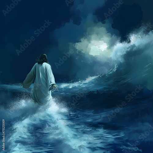 Illustration of Jesus walking on water during a stormy night, symbolizing his miraculous powers and unwavering faith.