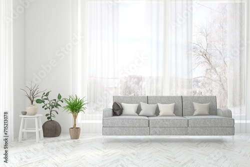 Fototapeta Naklejka Na Ścianę i Meble -  White living room with sofa and winter landscape in window. Scandinavian interior design. 3D illustration