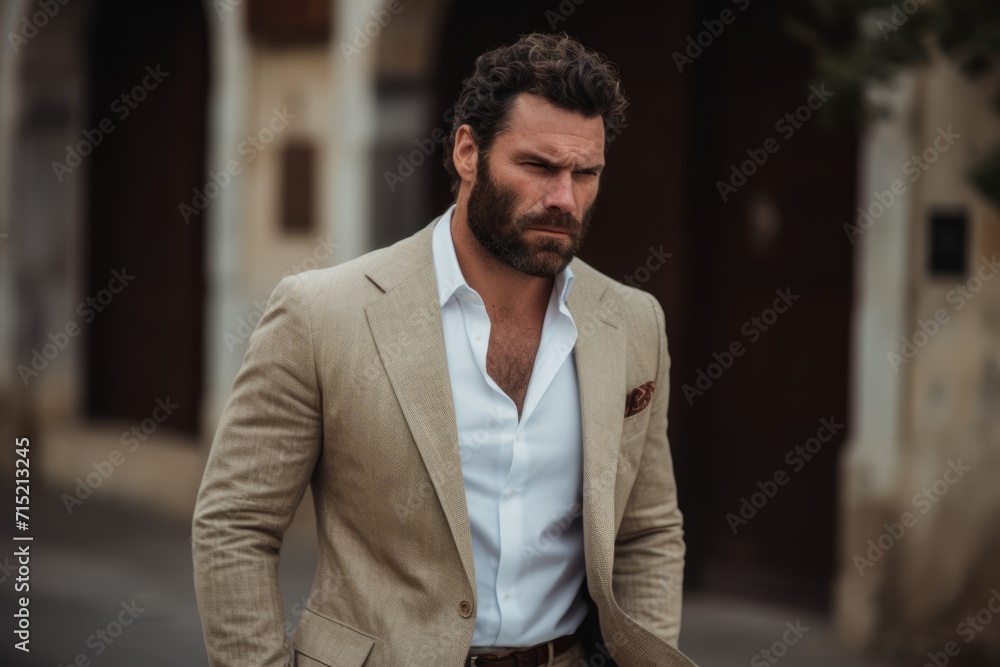 Handsome bearded man in a beige suit in the city