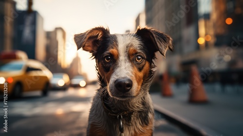 Stray dog in the city. A little puppy in the street of megapolis. Lost animal. AI Generated 