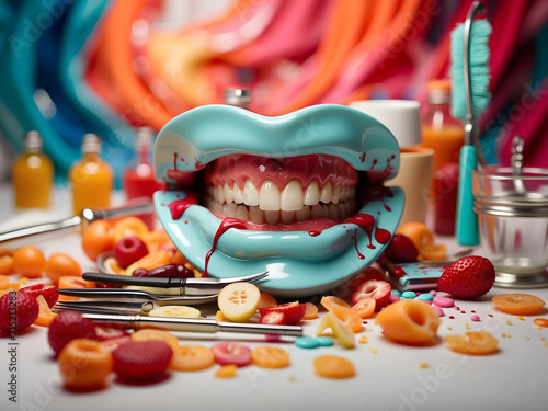 Dental tools alongside a vibrant assortment of colorful, healthy foods, sweets, and desserts on a plate