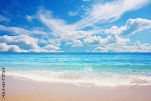 Vast azure ocean with serene waves harmonizing under captivating skies adorned with lovely clouds. Generative AI