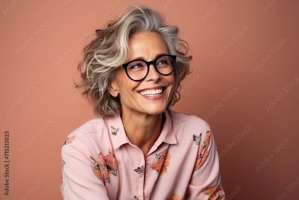 Portrait of a happy senior woman with eyeglasses over brown background