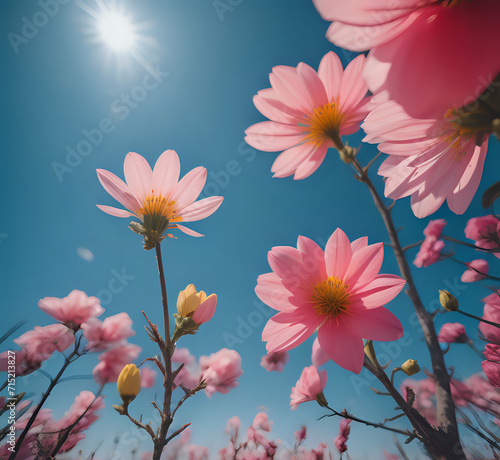 A rowleaf balsamroot wild flower close up. a close up of a yellow flower with a sky in the background and a few white flowers in the foreground. Generative Ai photo