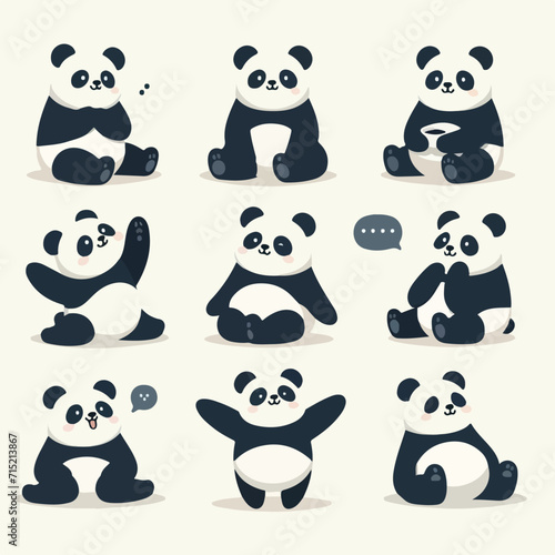 Vector collection of full body pandas with various expressions. Simple cartoon flat style