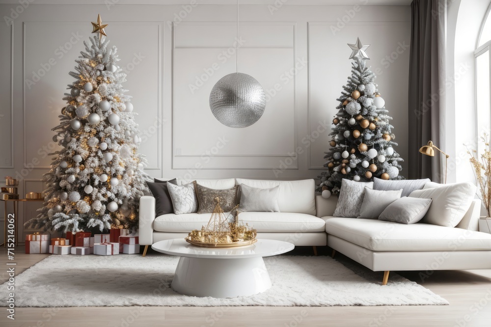 Interior home design of living room with christmas tree and white sofa, new year winter holiday concept