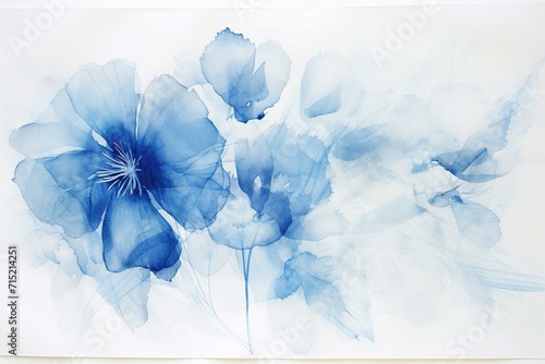 Flower print, cyanotype, sunlight, watercolor paper. Generative AI