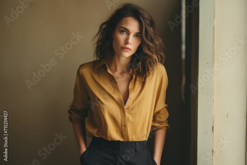Portrait of a beautiful young woman in a yellow blouse and black trousers