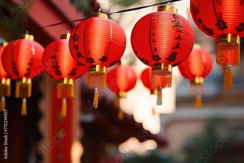 Chinese lanterns at night hanging close up