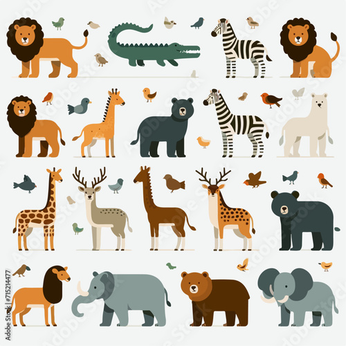 Vector illustration set of animals in flat style. Wild animals characters