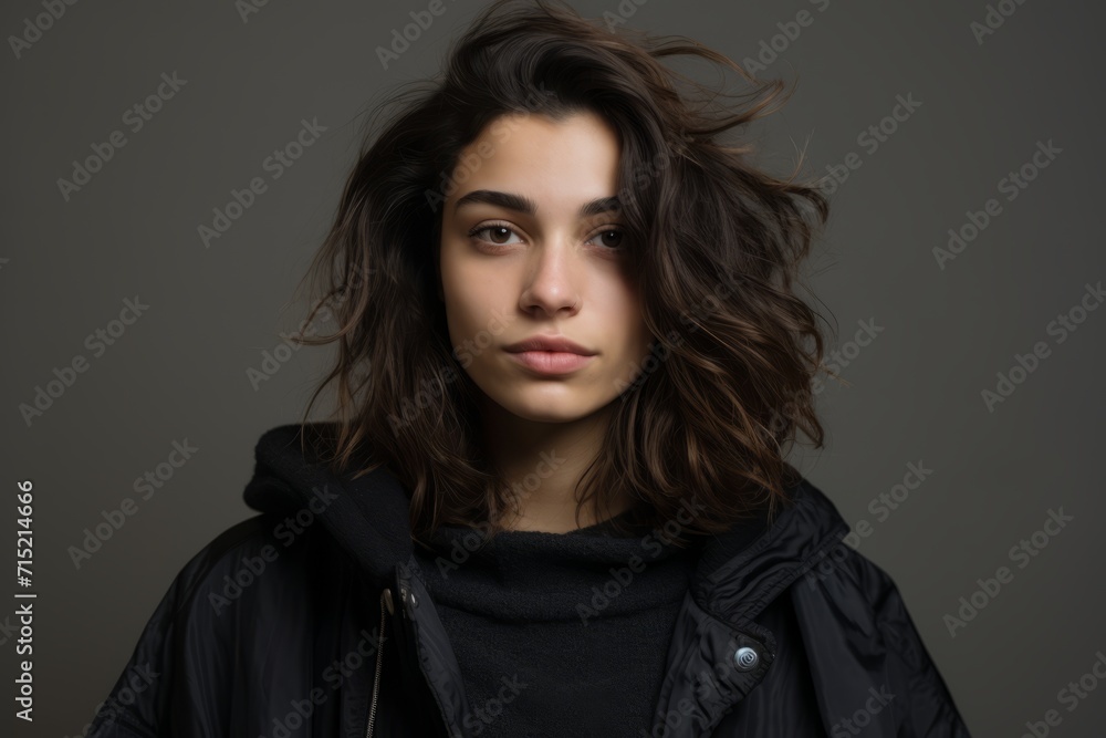 Portrait of a beautiful young brunette woman in a black coat.