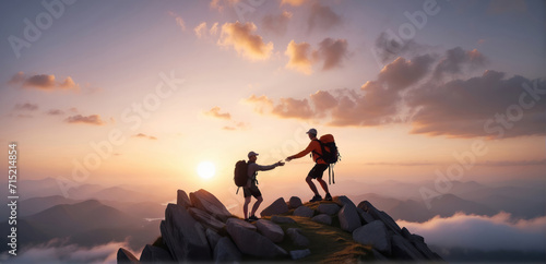 Hiker helping friend reach the mountain top, over the sunrise