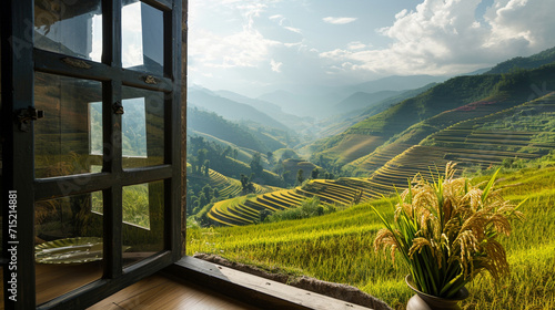 view from window at a wonderful landscape nature view with rice terraces . Ai Generative photo