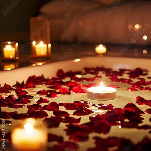 A sensual and romantic setting of a rose petal bath  enhanced by the soft illumination of candlelight.