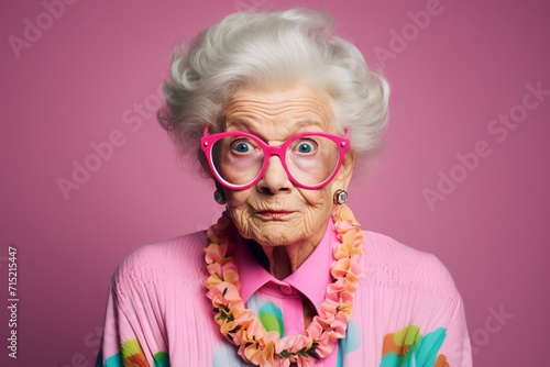 Portrait of an elderly woman wearing pink glasses on a pink background